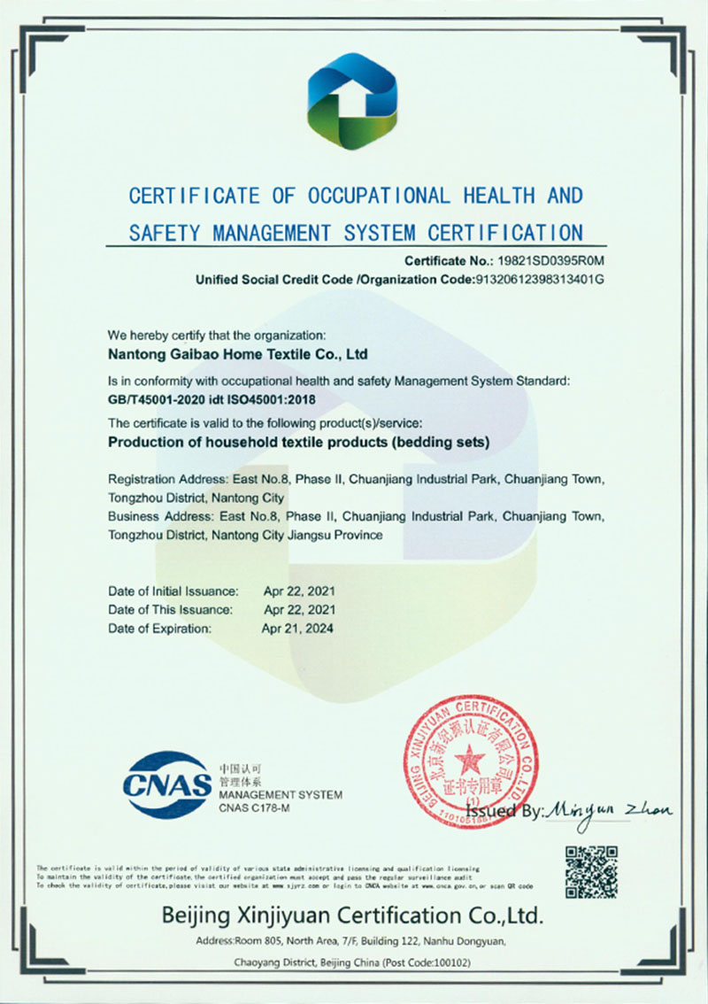 Occupational Health and Safety Management System Certificate (English) 